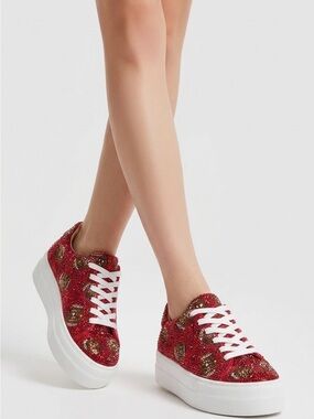 Betsey Johnson Sidny Red Football Sequin Print Platform Sneakers